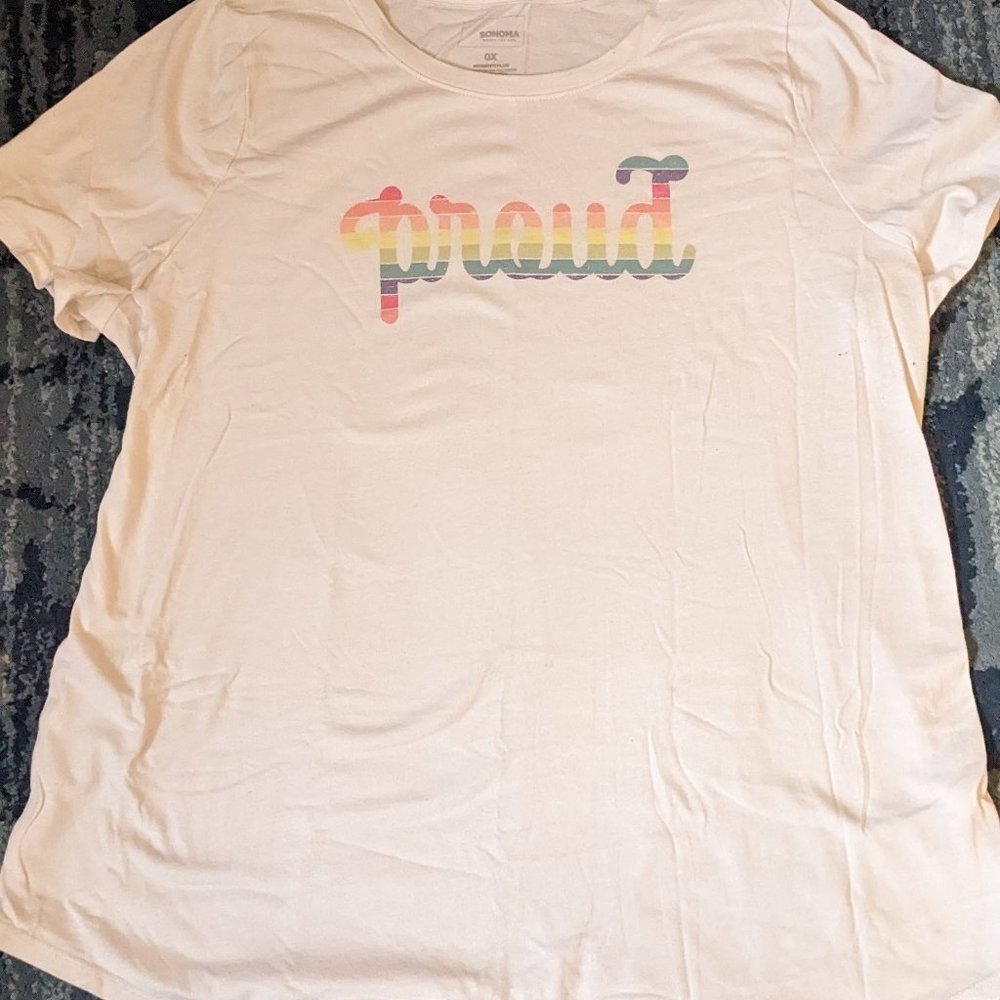 Proud Pride Rainbow Text White Sonoma T-Shirt Women's Plus Size 0X